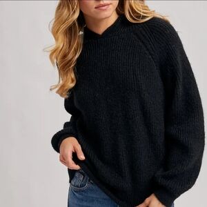 Bluivy Black Cozy Ribbed Knit Hooded Pullover Sweatshirt
